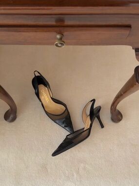 Chanel Black Slingback CC Logo Pointed Toe Pumps Heels Shoes Size EU 37.5C